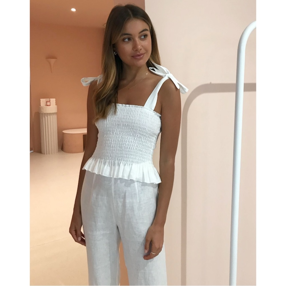 SIR Emile Ruched Top in Ivory White Women’s Size 2 Shirred Bodice 100% Linen - Picture 6 of 11